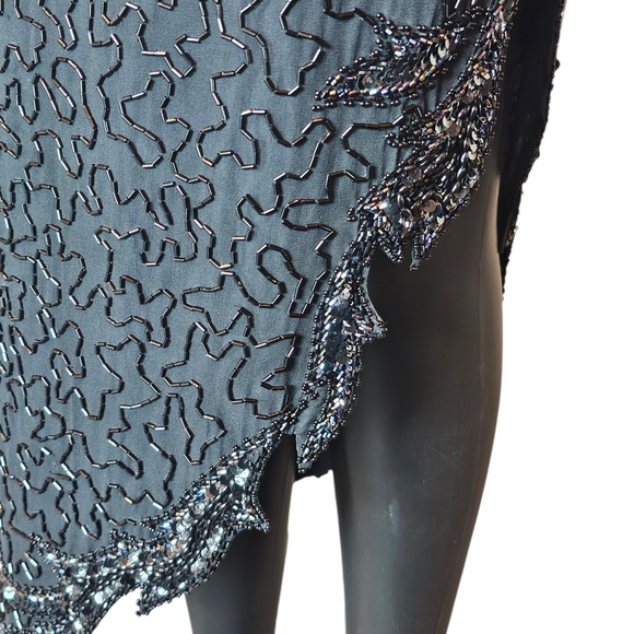 Vintage A.J. Bari 100% Silk Full Beaded Asymmetrical Formal Gown - Picture 8 of 13